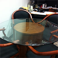 Round Glass Conference Table, Wood Base & Clear Glass